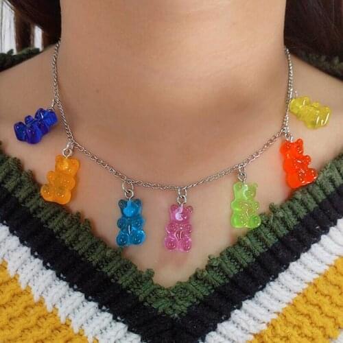 7 Colors Rainbow Pride Cute Jelly Bear Gummy Necklaces For Women Girls Cool Punk Hip Hop Resin Necklaces Accessories