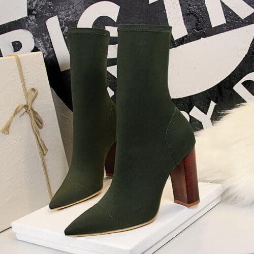 Fashion Ankle Sock Boots Chunky High Heels Transparent Crystal Heel Pointed Toe Women Pumps Elastic Woman Boots Plus Size 34--40