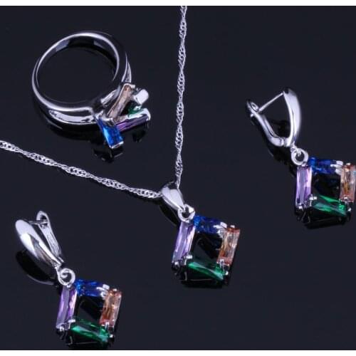 Quadrilateral Multigem Multicolor Cubic Zirconia Silver Plated Jewelry Sets Earrings Pendant Chain Ring V0975