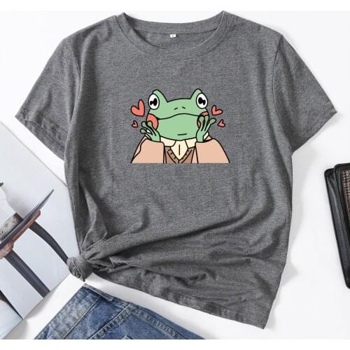 Cute Frog Shirt Love Heart Woman T-Shirt Short Sleeve T-Shirts Summer Tops for Women Cotton Graphic Tee Female Shirt Clothes
