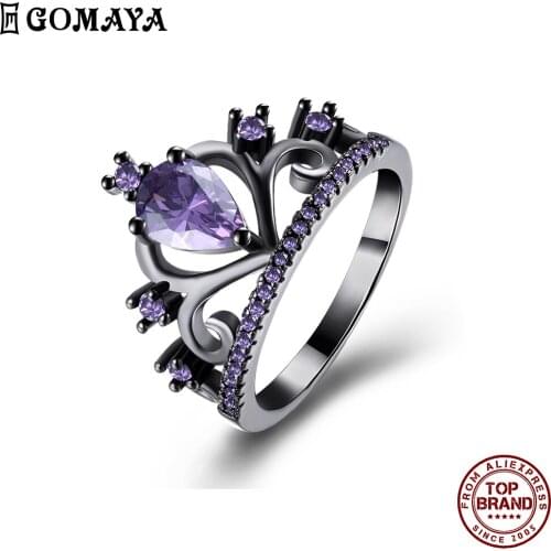 GOMAYA Romantic Elegant Women Rings Princess Crown Purple Zircon Ring Fit Valentines Day Gift For Girlfriend Fashion Jewelry