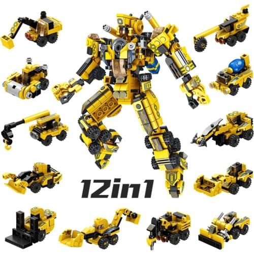 Yellow Robot Building Blocks Set 12 IN 1 kids Toys Transformation Robot Model Action Figure Mech Enlighten Bricks Block Mini Toy