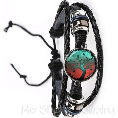 Tree of Life Bracelet Tree Picture Glass Cabochon Jewelry Black/Brown Leather Bangles Accessories For Men Women Gift