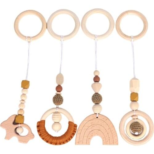 4 Pcs/Set Baby Play Gym Frame Stroller Hanging Pendant Wooden Ring Teether Molar L4MC