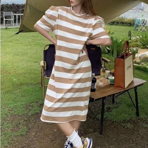 Summer New Style Fashionable Woman Loose Robe Shirt Dress Striped Puff Sleeve Ladies Dresses Vintage Women Clothes Oversized