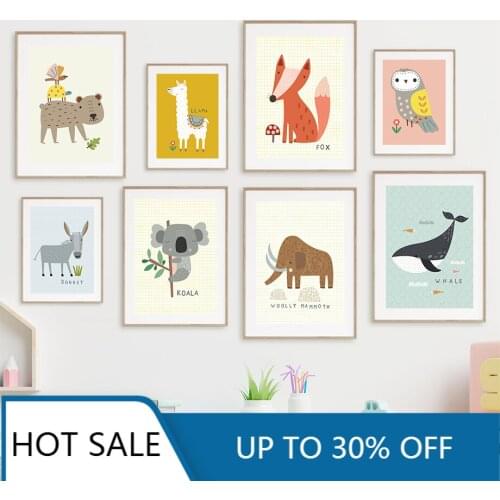 Cute Jungle Animals Fox Koala Donkey Sloth Owl Nordic Posters And Prints Wall Art Canvas Painting Pictures Kids Room Decoration