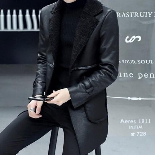 Fashion PU Leather Fleece Liner Mens Medium Length Overcoats Winter New Long Sleeve Warm Motorcycle Male Plus Size Trench Coats