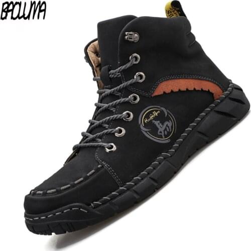 Fashion Mens Boots Handmade Mens Ankle Boots Autumn Winter Mens Motorcycle Boots Outdoor Men Short Boots Lace-up Mens Shoes