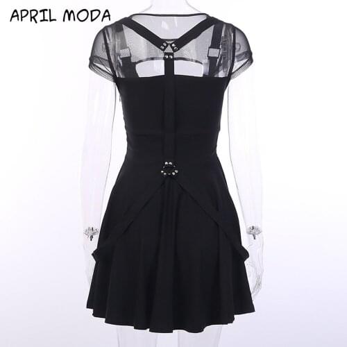 2020 New Women Black Goth Dress Harajuku Gothic Girl Sexy Hollow Mini Dresses Dark Grunge Streetwear Women Clothes Drop Shipping
