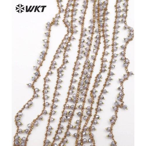 WT-RBC064 WKT New coming 3*4mm beads rosary chains with copper wire wrapped natural crystal faceted bead in light purple for diy
