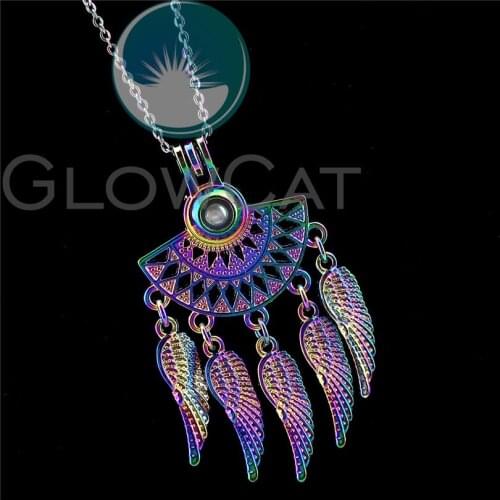 R-C842 Boho Rainbow Sector Feather Tassel Pendant Essential Oil Diffuser Beads Pearl Cage Locket Necklace Women Party Gift