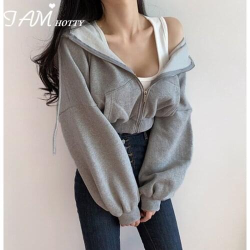 Casual Hooded Basic Cropped Hoodies Women Vintage Sports Outfits Long Sleeve Zipper Sweatshirts Girls Korean Autumn 2020Iamhotty