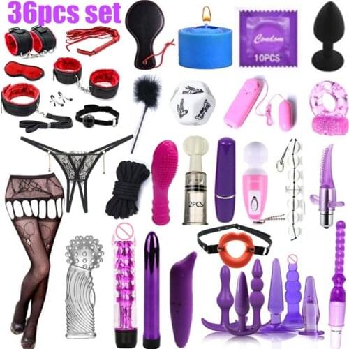 36pcs set Sex Toys for Women Men Handcuffs Nipple Clamps Whip Spanking Sex Silicone Metal Anal Plug Butt Bdsm Vibrator Bondage