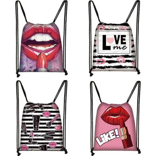 Sexy Red Lips Women Drawstring Bag Ladies Portable Storage Bags for Travel Teenager Drawstring Pouch Girls Backpack Bookbag