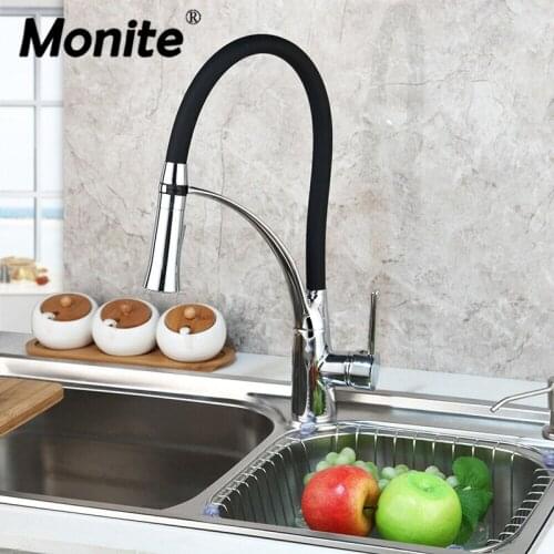 Monite Polish Chrome Kitchen Water Mixer Tap Faucet Solid Brass Swivel Black Adjustble Pull Down Spray Basin Kitchen Faucet