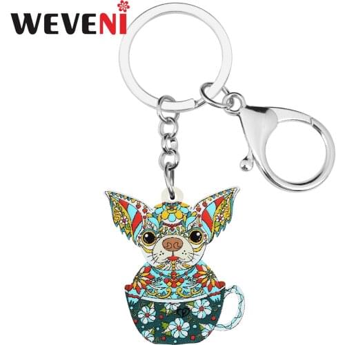 WEVENI Acrylic Floral Sweet Blue Flowers Cup Chihuahua Dogs Keychains Ring Fashion Purse Key Chain Gifts Jewelry For Women Girls