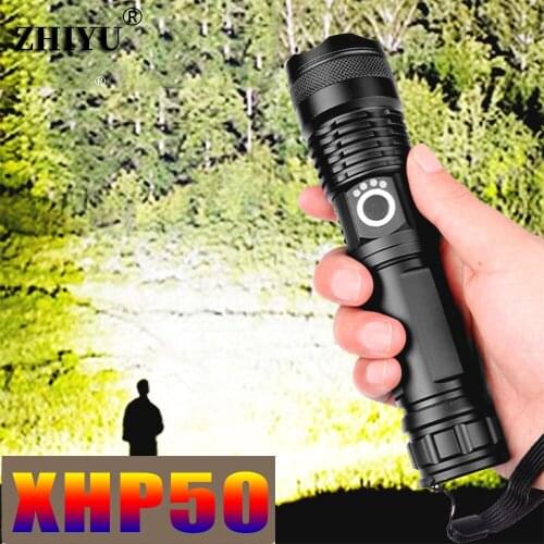 XHP50 Rechargeable Tactical Flashlight Strong Light Zoom Flashlight Torch 5 Modes LED Light Use18650 or 26650 Battery Camping