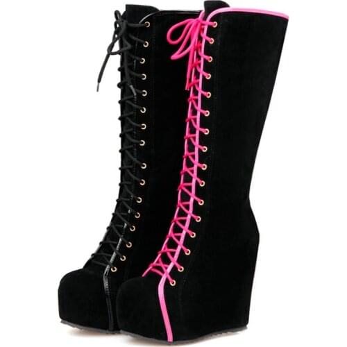 2021 New Brand Boots Women Lace Up Round Toe Fashion Platform Knee High Boots Autumn Winter College Style Height Increase Shoes