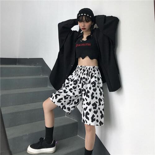 Summer 2021 Running Shorts for Women White Cow Loose Streetwear Harajuku Korean Joggers Women Elastic High Waist Wide Leg Shorts