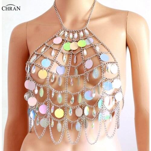 Chran Bling Holographic Sequins Crop Top Backless Chain Rave Bra Bralete Sequins Cami Cropped Top for Women