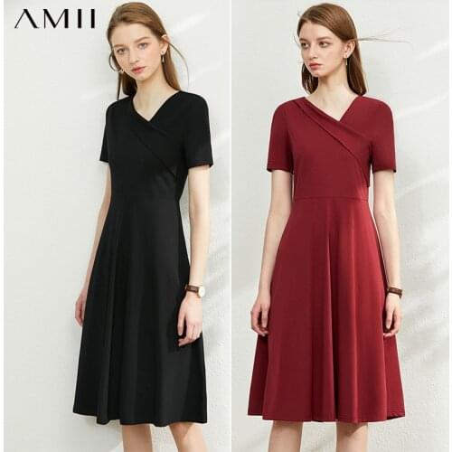 Amii Minimalism Summer New Dress For Women Offical Lady Vneck Solid Slim Fit High Waist Fashion Womens Summer Dress 12060045