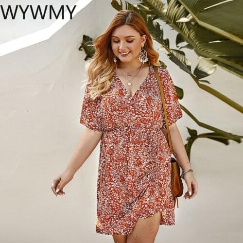 WYWMY Floral Print Plus Size Dress Sexy V Neck Short Sleeve Dress Boho Elegant 2021 Vintage Women Party Mini Dresses Vestidos