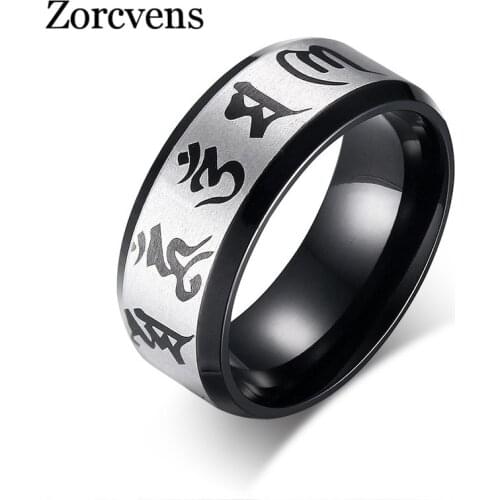 ZORCVENS 2020 High Quality Wedding Rings For Men Jewelry Stainless Steel Ring Traditional Om Mani Padme Hum Men Ring Black Color