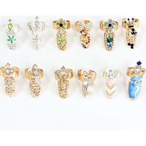1Pc Fashion Luxury Adjustable Nail Ring Decoration 12 Shape Crown/Flower/Bownot Fingertip Charms Manicure Accessories Protective