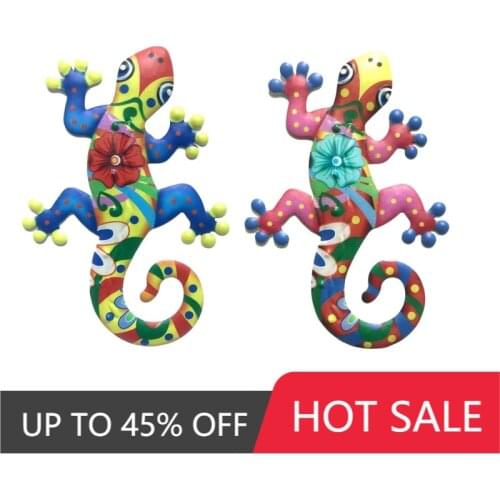 2Pcs Red/Blue Metal Gecko Wall Decor Gecko Art Craft Sculptures Lizard for Outdoor Garden Fence Decorations Home Wall Decoration