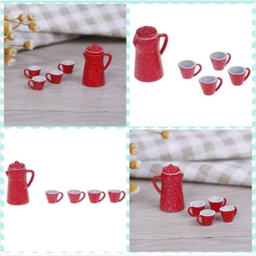 5 Pcs/Set Dollhouse Miniature Porcelain Coffee Tea Lid Pot kettle Cups Set Kitchen Classic Toy Pretend Play Best Gift Girl Doll