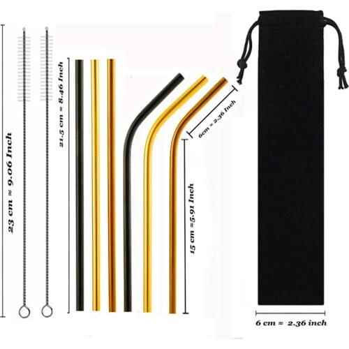 8 pcs / Set Reusable Metal Drinking Straws Colourful 304 Stainless Steel Sturdy Bent Straight Drinks Straw With Black Pouch