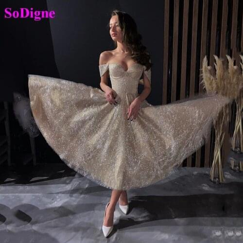 SoDigne Glitter A Line Short Prom Dresses Off Shoulder Sweetheart Fitted Bodice Tea Length Celebrity Dress Party Gown