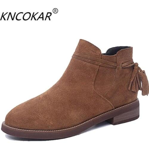 KNCOKAR Boots fall new 2018 style leather short boots thick and round head Martin boot trend retro fashion womens boots