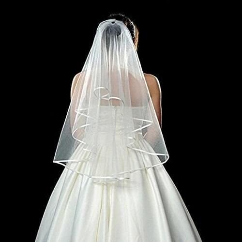 Hot selling Fashion Style White Double Ribbon Edge Center Cascade Bridal Wedding Veil with Comb