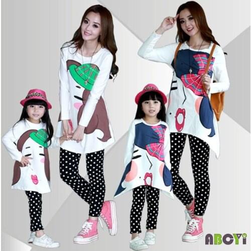 Clothing Set 2015 Autumn Miss Castle Printing Long Sleeve T-Shirt + Dot Legging Family Set Clothes for Mother and Daughter A6016