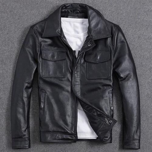 Motorcycle Cowhide Short Leather Jackets and Coats For Men Vintage Casual European Streetwear Spring Mens Brand Clothing A972