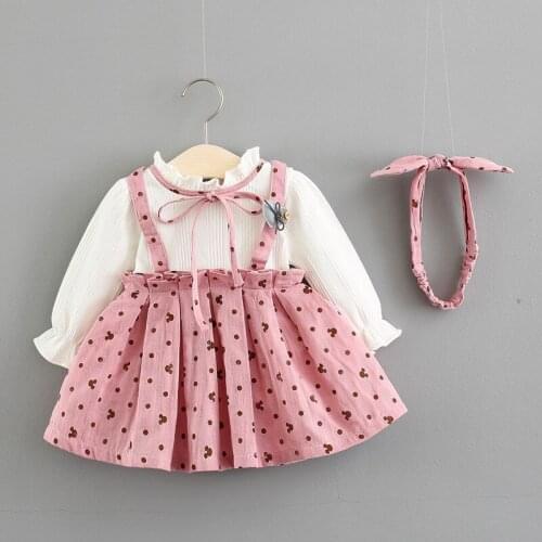 Hot sale 2020 Baby girls spring Dress Kids girls new long sleeve cartoon print cotton Dress with headband 1-2 Years
