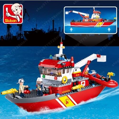Minifigure City Fire Police Sea Rescue Boat Ship Model Building Blocks Sets Brinquedos Creator Brick Educational Toy for kids