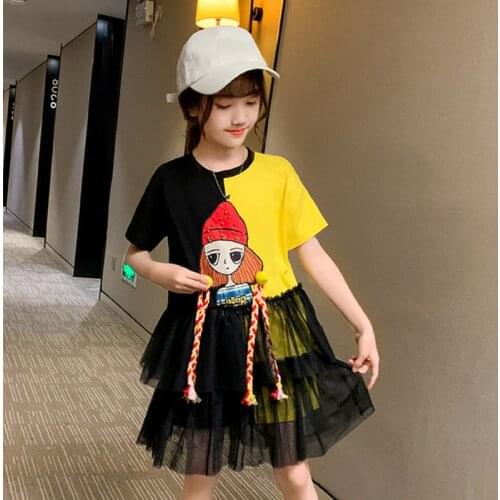 Girls fashion dress 2021 childrens clothes loose short-sleeved girl mesh stitching dress summer 3-12Y