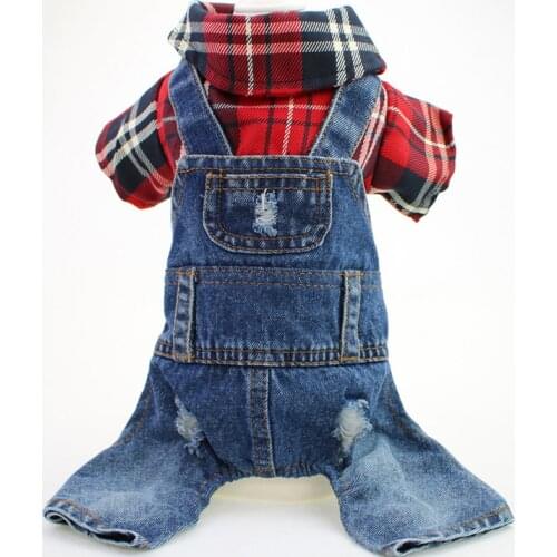 Fashion Plaid Denim Pet Dog Jumpsuit Jeans Tracksuit for Small Large Dogs Winter Clothes for Yorkies Cowboy Costume Xs-Xxl 10A