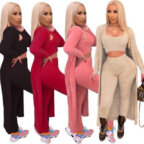 Fashion 3 Pieces Set Women Autunmn Winter Fitness Outfits Coat+Top + Jogger Pants Suits Overalls Street Active Fleece Tracksuit