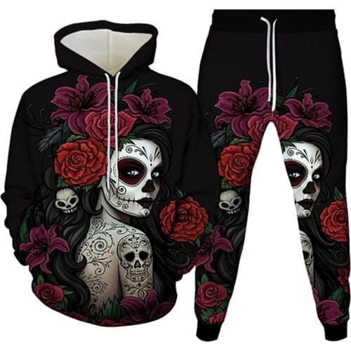 Men Gothic Style Skull Rose Girl Creative Art Pattern Print Tracksuit Women Casual Hoodies Trousers 2pcs Set Clothes Size S-6XL