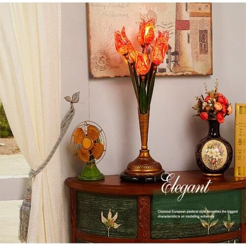 Flowers Table Lamp Mediterranean Vintage Personality Glass Desk Lamp Living Room Bedroom Bedside Art Deco Light