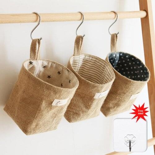 Cotton Linen Desktop Storage Bag with Handle Small Sundries Hanging Basket Wall Hanging Decoration Cosmetic Fabric Storage Bags
