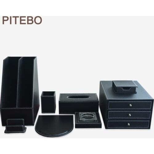 PITEBO 8PCS /set wood black leather office & file stationery desk set organizer pen holder file cabinet box mouse pad