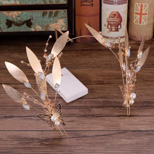 Baroque Fashion Bride golden leaf butterfly pearl crystal hair band Wedding Hair Accessories Leaves Princess Crystal Hair Band