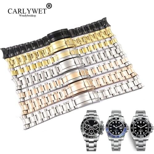 CARLYWET 20mm Middle Gold Solid Watch Band Curved End Screw Links Clasp Steel Bracelet For Rolex OYSTER Subamriner Daytona GMT