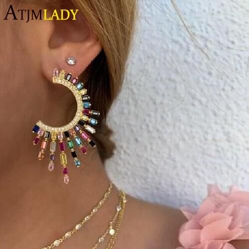 Luxury geometric women jewelry micro pave cz colorful charm iced out sparking bling fashion rainbow baguette cz elegant earring