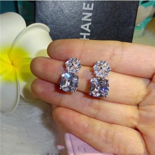 Noble 925 Sterling Silver Sparking Zircon Stone Stud Earrings For Women Wedding Bridal Banquet Square Luxury Earrings Jewelry