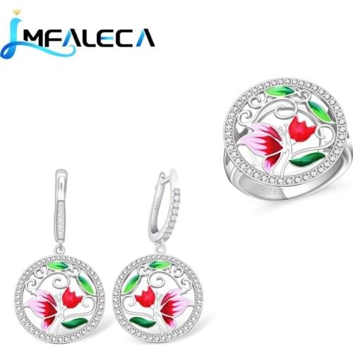 LMFALECA Red Enamel Flowers 925 Sterling Silver Jewelry Set for Women Party Advanced Earrings Ring Fine Luxury Jewelry